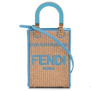 Fendi Sunshine Mini Straw Shoulder Bag Natural Blue